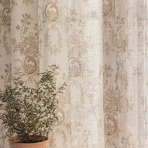 SUOUO Coffee Brown Toile Floral Semi Sheer Curtains 84 Inches 2 Panels - color: Coffee-t, size: 52"W x 84"L (Pack of 2)
