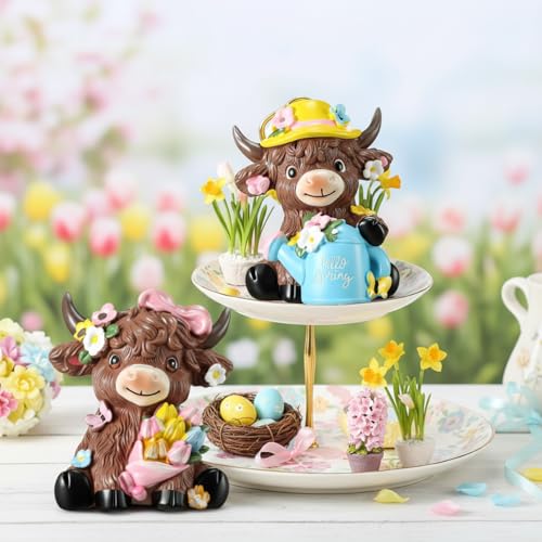 Karenhi 2 Pcs Highland Cow Figurines, Spring Floral Table Decor - style: Spring