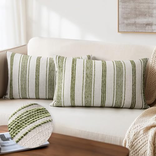 AELS 12x20 Decorative Farmhouse Linen Lumbar Pillow Covers, Beige with Olive Green Chenille Striped Pillow Case, Set of 2, Boho Textured Cushion Cover for Sofa Couch Living Room (Cover ONLY) - color: Beige With Olive Green, size: 20" x 12" (Pack of 2)