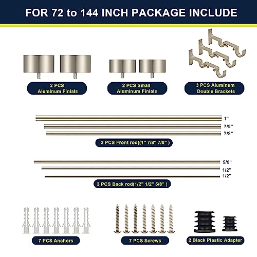 Double Curtain Rods for Windows 72-144 Inches, 1'' Front and 5/8''Back Double Drapery Rods with Premium Aluminum Brackets and End Cap Finials, Adjustable Brushed Nickel Double Window Curtain Rod - color: Brushed Nickel, size: 72-144"