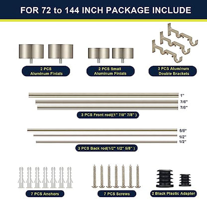 Double Curtain Rods for Windows 72-144 Inches, 1'' Front and 5/8''Back Double Drapery Rods with Premium Aluminum Brackets and End Cap Finials, Adjustable Brushed Nickel Double Window Curtain Rod - color: Brushed Nickel, size: 72-144"