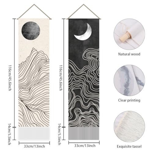 AHANDMAKER 2Pcs Boho Line Sun and Moon Tapestry, Black and White Sun Moon Long Vertical Tapestry Wall Hanging, Minimalist Abstract Tassel Wall Aesthetic Tapestry for Bedroom Living Room, 45.7x13Inch - color: Sun and Moon
