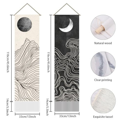 AHANDMAKER 2Pcs Boho Line Sun and Moon Tapestry, Black and White Sun Moon Long Vertical Tapestry Wall Hanging, Minimalist Abstract Tassel Wall Aesthetic Tapestry for Bedroom Living Room, 45.7x13Inch - color: Sun and Moon