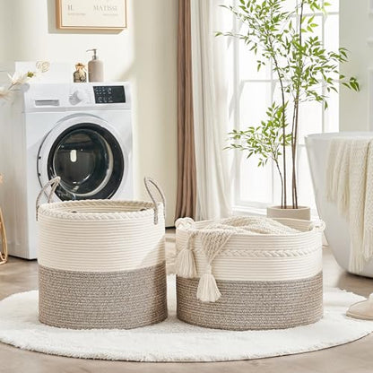 KAKAMAY Large Blanket Basket (20"x13"),Woven Baskets for storage Baby Laundry Hamper, Cotton Rope Blanket Basket for Living Room, Laundry, Nursery, Pillows, Baby Toy chest (White/Beige) - color: Beige
