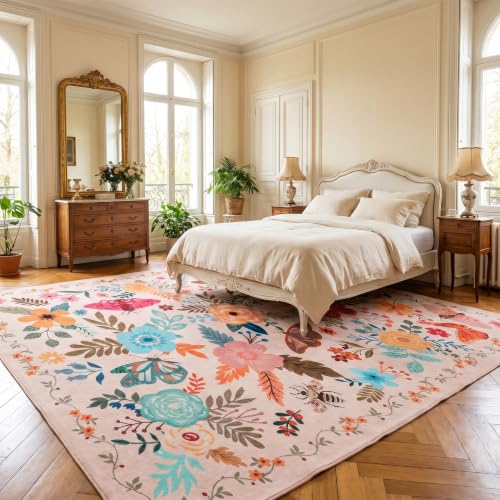 ThreadGlobe Patterned Washable 5x7 Area Rugs Modern for Living Room, Beige - color: Beige Flower, size: 5' x 7'