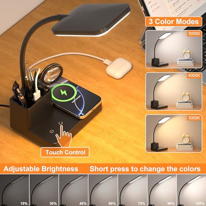 Wireless Charging Desk Lamp USB Charging & Pen Holder, Matte Black - color: Matte Black