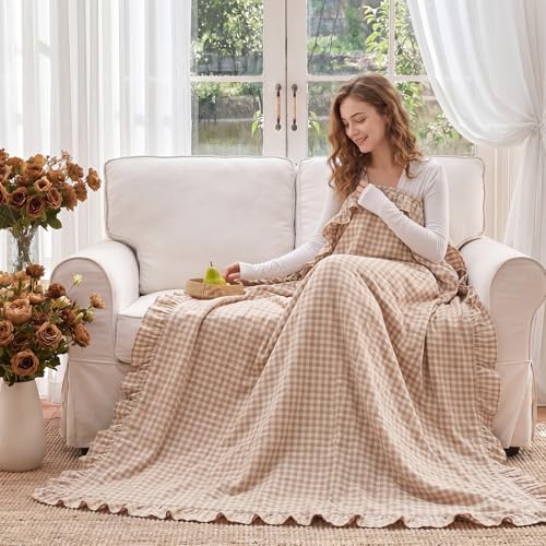100% Cotton Taupe Gingham Muslin Throw Blanket 6 Layers Ruffled - color: Taupe
