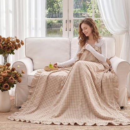 100% Cotton Taupe Gingham Muslin Throw Blanket 6 Layers Ruffled - color: Taupe