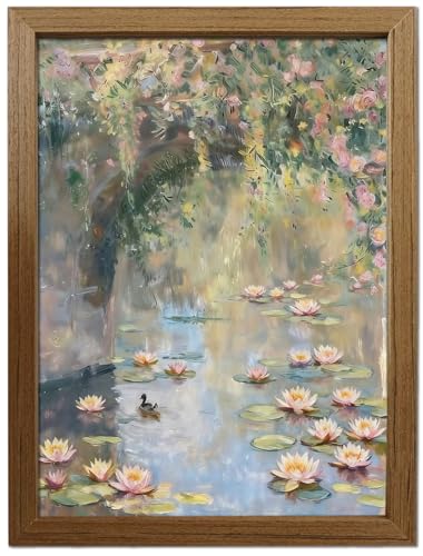 Framed Canvas Wall Art Water Lily Pond Poster Paintings Print Picture Artwork, Floral Nature Posters Prints for Home Décor Wall Decoration, Wood Frame Wall Art for Living Room Bedroom, 12x16in / 16x24in - color: pond, size: 16"L x 12"W