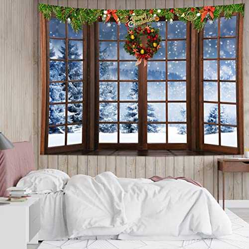 HVEST Christmas Winter Tapestry Snow Forest outside Windows Tapestries Wall Hanging Red Xmas Balls and Christmas Wreath Tapestry for Bedroom Living Room Dorm Wall Decor, 60W x 40H inches - color: Brown, size: 40"L x 60"W