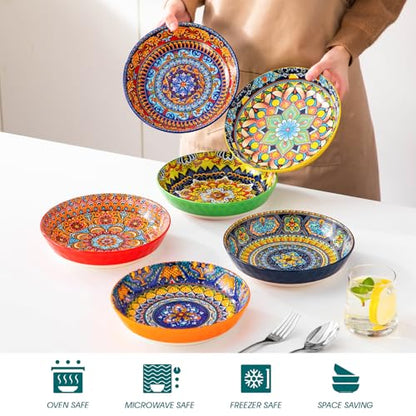 vancasso 32 Oz Pasta Bowls, Porcelain Large Colorful Salad Soup Bowls Set of 6, Pasta Serving Bowls Plates for Kitchen, Dishwasher & Microwave Safe, Series KRVI - color: Boho