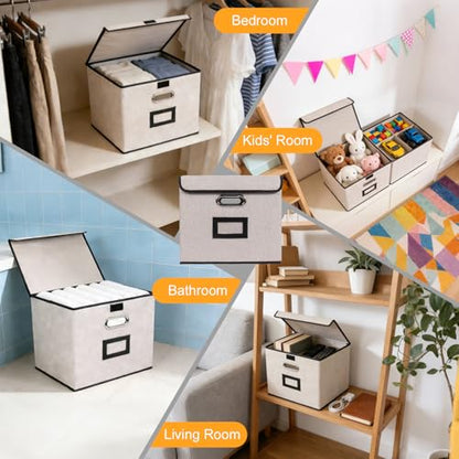 Large Square Storage Bin with Lid, Foldable Organizer Box with Handles & Label Design, for Office, Closet, Home, Documents, Grey, 12.20 x 10.63 x 10.63 Inches, 1 Pack - color: Grey, style: Square - 1 Pack