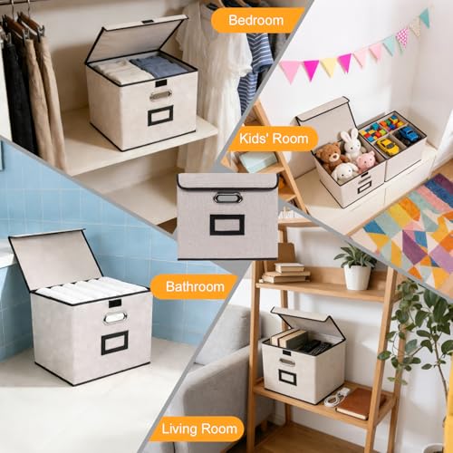 Large Square Storage Bin with Lid, Foldable Organizer Box with Handles & Label Design, for Office, Closet, Home, Documents, Grey, 12.20 x 10.63 x 10.63 Inches, 4 Pack - color: Grey, style: Square - 4 Packs