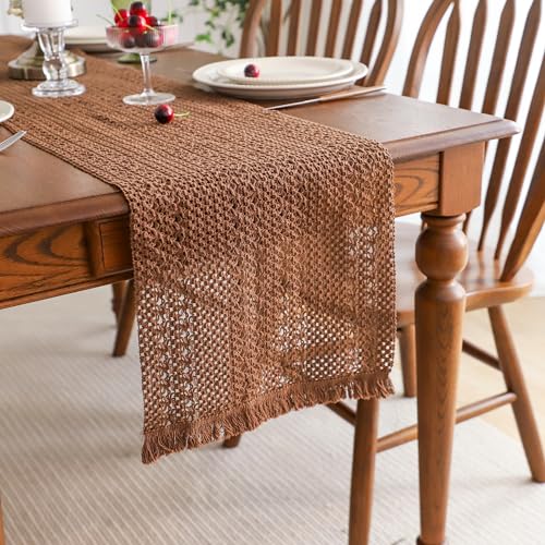 Simple&Opulence Boho Macrame 100% Cotton Table Runner - 12 x 72 Inch, Woven Farmhouse Table Runner with Fringed Edges for Bohemian Rustic Wedding, Bridal Shower, Dinner （Brown） - size: 12"x72", style: Cotton / Brown
