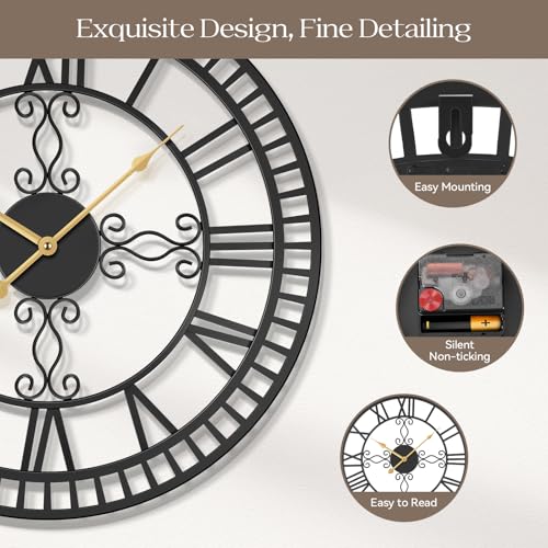 30" Large Wall Clock Decorative for Living Room, Black Metal Roman Numeral Big Clock Completely Silent, Oversized Wall Clocks Battery Operated for Kitchen, Bedroom, Fireplace - size: 30 inch