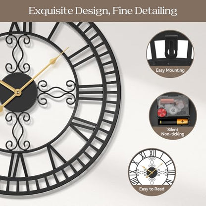 30" Large Wall Clock Decorative for Living Room, Black Metal Roman Numeral Big Clock Completely Silent, Oversized Wall Clocks Battery Operated for Kitchen, Bedroom, Fireplace - size: 30 inch