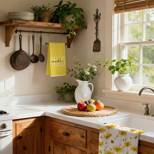 GEEORY Kitchen Towels for Spring Summer Decor Yellow Daisy Dish Towels 18 x 26 Inch Ultra Absorbent Bar Drying Cloth Hello Sunshine Hand Towel for Kitchen Bathroom Party Home Decorations Set of 2