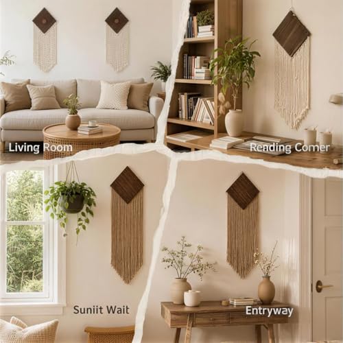 wall Art Decor, Macrame wall Hanging, 2 Pcs Boho Woven Tassel Home Decor for Living Room Bedroom Apartment, Handmade Bohemian Accent34.25" × 11.03"