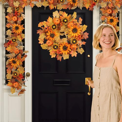 60 Inch Fall Garland (5 Ft) with Sunflowers and Pumpkins, Artificial Autumn Harvest Garland with Maple Leaves & Berries for Mantel Thanksgiving Home Decor Indoor Outdoor