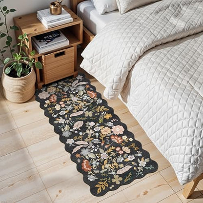 2x5 Rug Runner Non-Slip Washable: Scalloped Floral Small Entryway Rug Black - color: Black, size: 2' x 5' (Runner)