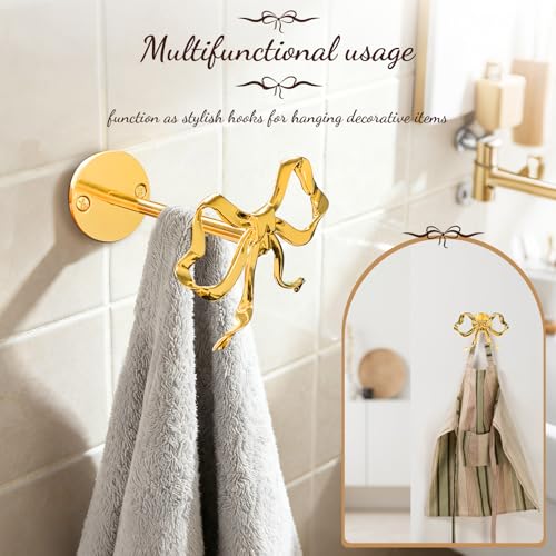 2 Pack Metal Bow Curtain Holdbacks Tiebacks, Wall Mounted Curtain Hooks, Bow Curtain Tiebacks for Living Room Bedroom Office Home, Gold