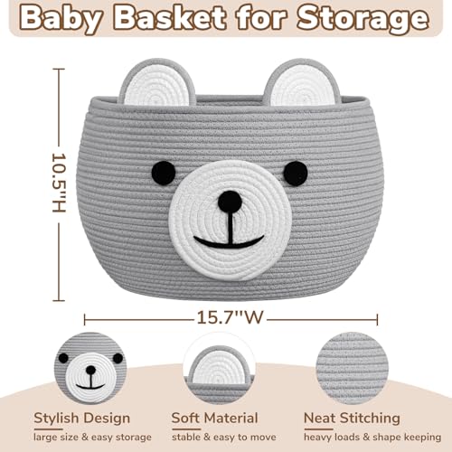 CherryNow Large Baby Basket for Gifts Empty, Cute Bear Design, Light Grey - color: Light Grey, size: 15.7"D x 10.5"H