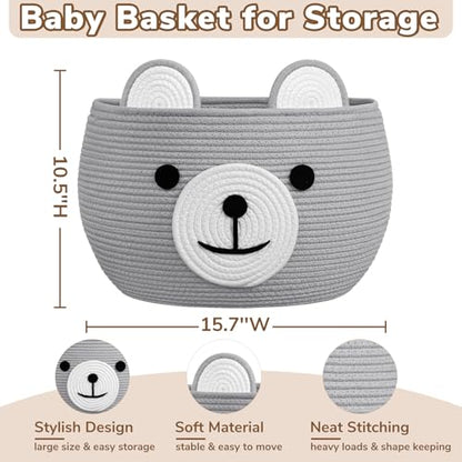 CherryNow Large Baby Basket for Gifts Empty, Cute Bear Design, Light Grey - color: Light Grey, size: 15.7"D x 10.5"H