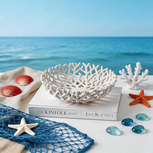 10-Inch White Resin Coral Bowl, Handcrafted Hollow Carved Coastal Art Decor - color: White