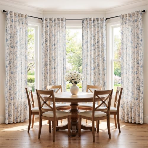 jinchan Custom Size Curtain Blue Floral Linen Curtain Back Tab 1 Panel - color: Amlie Blue, size: Custom