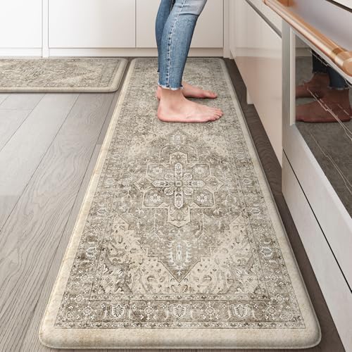 KIMODE Anti Fatigue Kitchen Mats 17"x59"+17"x29",Boho Kitchen Rugs Set of 2 - color: Khaki/Multi, size: 59"L x 17.3"W x 0.47"Th + 29"L x 17.3"W x 0.47"Th