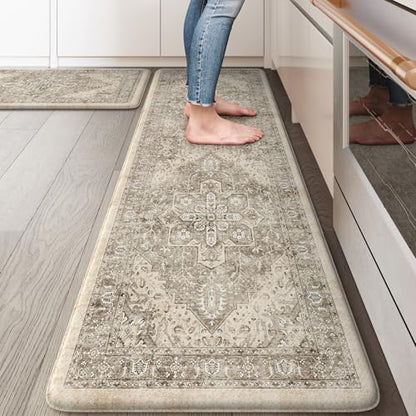 KIMODE Anti Fatigue Kitchen Mats 17"x59"+17"x29",Boho Kitchen Rugs Set of 2 - color: Khaki/Multi, size: 59"L x 17.3"W x 0.47"Th + 29"L x 17.3"W x 0.47"Th