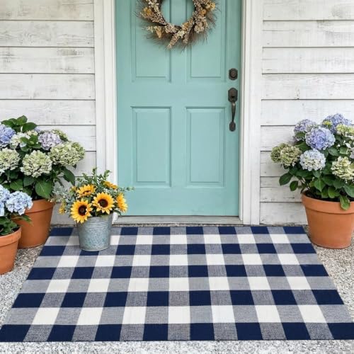 MUBIN Cotton Buffalo Plaid Rug, 3' x 5' Navy Blue White Outdoor Rug Front Door Decorative Mat, Washable Doormat Foldable Area Rug Layered Door Mats Rug for Front Porch, Entryway, Patio - color: Navy Blue White Plaid, size: 3' x 5' (Rectangular)