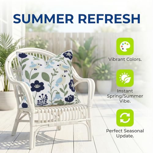 Navy Blue Bird Floral Embroidered Pillow Covers 20x20 Set of 2 - color: Navy Blue Green, size: 20" x 20" (Pack of 2)