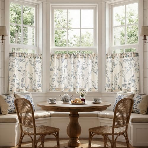 jinchan Floral Linen Kitchen Tier Curtains, 30 Inch, 2 Panels, Blue - color: Alisa Blue, size: 26"W x 30"L (Pack of 2)