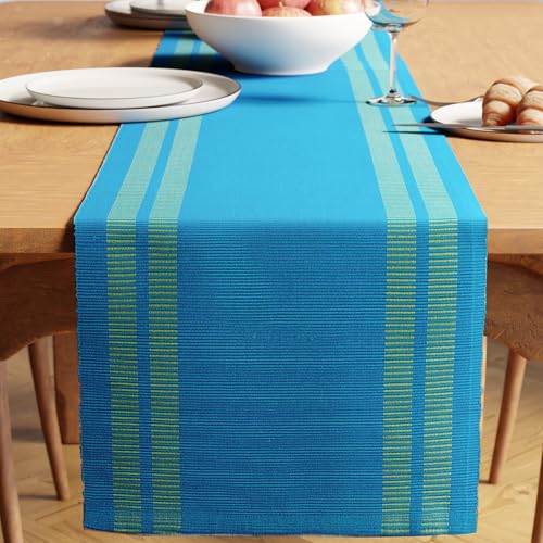 Encasa XO Table Runner, Yarn Dyed Ribbed Cotton 13"x72" - color: Ladder Turq Blue, size: 13x72 in