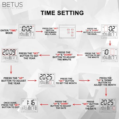 Betus Digital Travel Alarm Clock – Foldable Calendar, Temperature & Timer with Snooze – Large Number Display, Battery Operated – Compact Desk Clock for Home & Office (Black) - color: Black Pack of 1