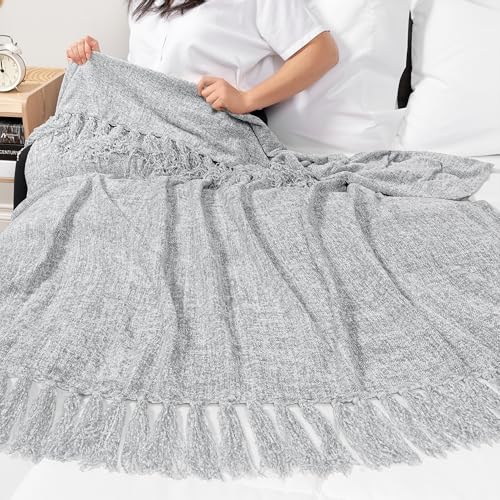 PAVILIA Chenille Throw Blanket, Knit Sofa Couch Tassel Throw, Grey 50x60 - color: Light Grey, size: 50 X 60 Inches - Throw