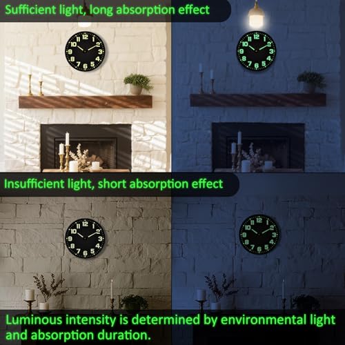 Glow in the Dark Wall Clock Non Ticking, 10 inch Silent Wall Clocks Battery Operated, Large Number Tempered Glass, Round Night Light Analog Clock for Bedroom Living Room Kitchen Office, Black - color: Black Green, size: 10 Inch