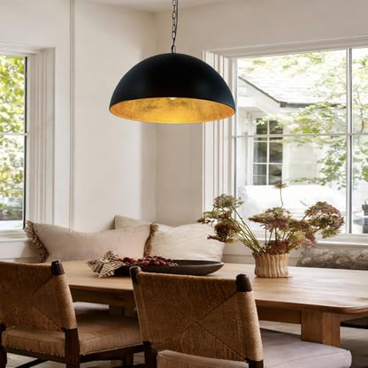 23.6 Inch Large Dome Pendant Light- Black and Gold Pendant Light with Gold Leaf Interior, Farmhouse Industrial Chandelier for Long Dining Table, Bar, Cafe - size: 23.6" Dome