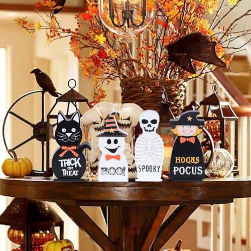 Halloween Decorations Indoor, DECSPAS 4 PCS Wood Blocks Halloween Table Decor, Ghost Black Cat Skull Witch Gothic Tabletop Ornaments, Hocus Pocus Decorations for Home, Tiered Tray, Shelf, Mantel - style: Halloween - Ghost, Cat, Skull, Witch