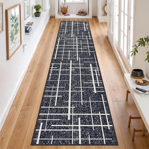 Modern Stripe Hallway Runner Rug Non Slip, Washable 2x10 Runner Rug, Woven Thin Low Pile Carpet Runners for Hallway 10ft Entryway, Kitchen, Walkway -Midnight Black - color: Striped-black/White, size: 2' x 10' (Runner)