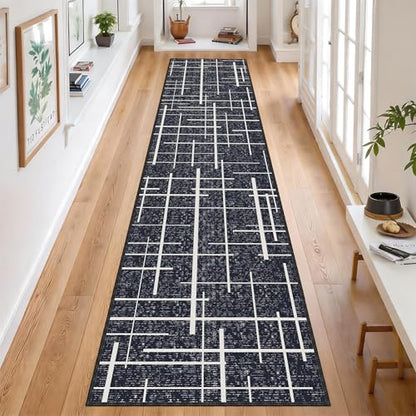 Modern Stripe Hallway Runner Rug Non Slip, Washable 2x10 Runner Rug, Woven Thin Low Pile Carpet Runners for Hallway 10ft Entryway, Kitchen, Walkway -Midnight Black - color: Striped-black/White, size: 2' x 10' (Runner)