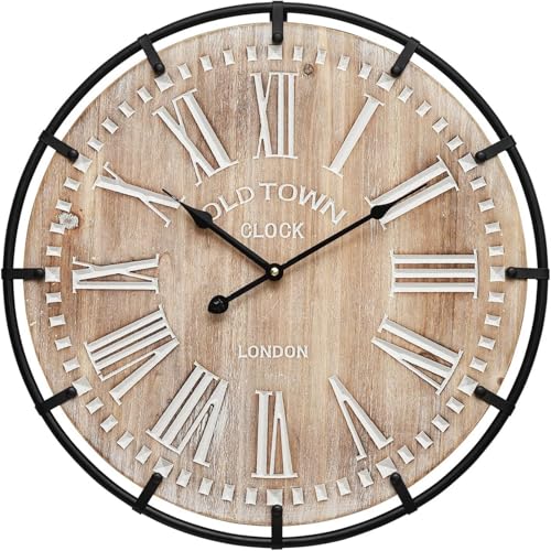 24 Inch Large Farmhouse Wall Clock,Rustic Wooden Wall Clock Decorative with Metal Circle and Engraved Numerals, Silent Battery Operated for Kitchen Bedroom Living Room Fireplace Mantel - color: 24 Inch Natural Wood Dial With White Roman Numerals