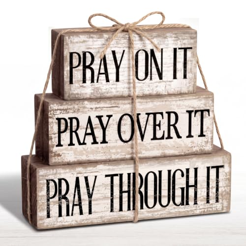 Yuntau 4 Pcs Christian Wooden Block Sign Pray Verse Tiered Tray Decor - style: Pray