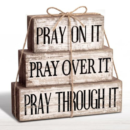 Yuntau 4 Pcs Christian Wooden Block Sign Pray Verse Tiered Tray Decor - style: Pray