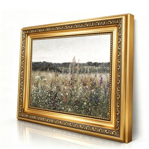 Vintage Wall Art Framed, Wildflower Field Landscape Canvas Print, Gold Framed Nature Painting, Farmhouse Wall Decor for Living Room Bedroom Home Farmhouse Decor, Antique Paintings with Frames - color: Wildflower, size: 16"L x 12"W
