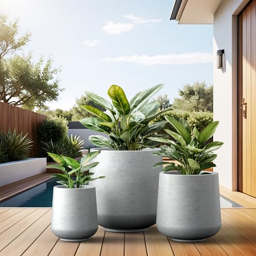 Kante Round Concrete Planter Set of 3-9.4"/13"/16.5" Dia Barrel-Style Garden Pots with Drainage Hole for Flowers and Trees (7.1"/10.2"/13.8" Opening), Gray - color: Gray, size: 16.5"+13"+9.4" D