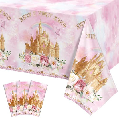 3 Pack Princess Tablecloths, Disposable Pink Rose Castle Themed Table Cloth - color: Rose Castle