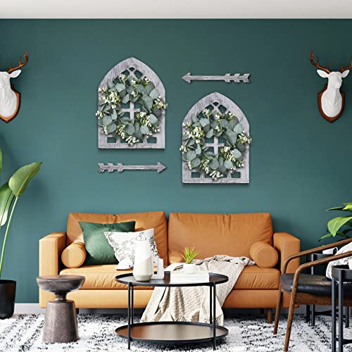 WAKOSAN Rustic Wood Window Frame Wall Decor with Wreath & Arrows Set of 2 - color: Windows White