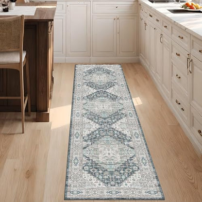 2x8 Washable Runner Hallway Rug Blue Beige Multi - color: Blue-beige-multi, size: 2' x 8'